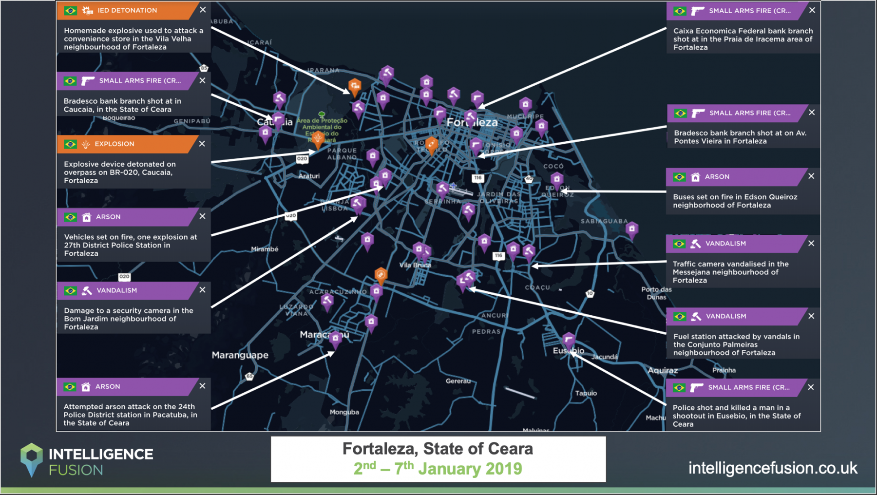 A map depicting the crime an violent incidents State of Ceará, Brazil January 2019